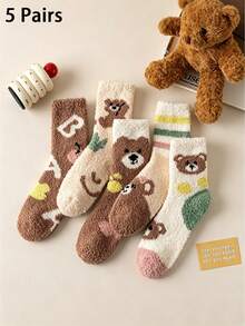 1/5 Pairs Cartoon Bear Coral Fleece Warm Mid-Calf Socks, Soft Half-Fleece Home Sleep Floor Socks, Multiple Colors Available - Multicolor - View 9