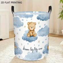 1pc Watercolor Teddy Bear Cloud Star Print Laundry Basket, Collapsible Round Storage Hamper With Handles, Large Capacity Toy Clothes Storage Bin For Kids Bedroom Nursery Decor - Baby Blue - View 4