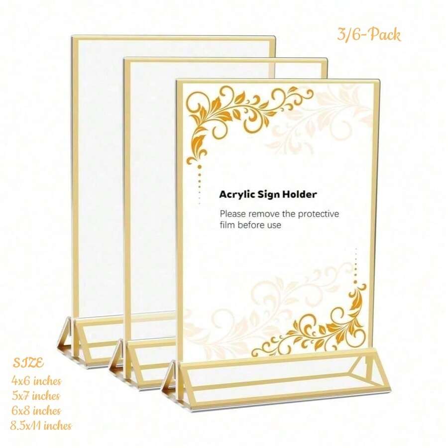 3/6pcs Transparent Acrylic Sign Holders 4X6/5x7/6x8/8.5x11 Inch Gold Frame Display Stands Double-Sided Acrylic Photo Frames Plastic Sign Holders Wedding Table Number/Menu Holders