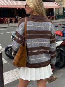 Women's Casual Comfortable Loose Knit Cardigan With Buttons, Long Sleeve Round Neck Sweater, Autumn Back To School Season - Brown - View 3