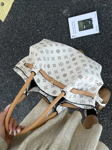 Dedoo 女款 PU 印花托特手提包，白色/棕色字母圖案，頂部手柄，大容量復古優雅單肩包，適合女性日常通勤、上學、購物 - 彩色 - 查看 7