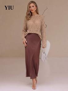 YIU LUMOS Women's Khaki Crochet Top, Round Openwork Knit Long Sleeve Oversized, French Vintage Chic Sweater For Daily Office Date Spring Autumn - Khaki - View 1