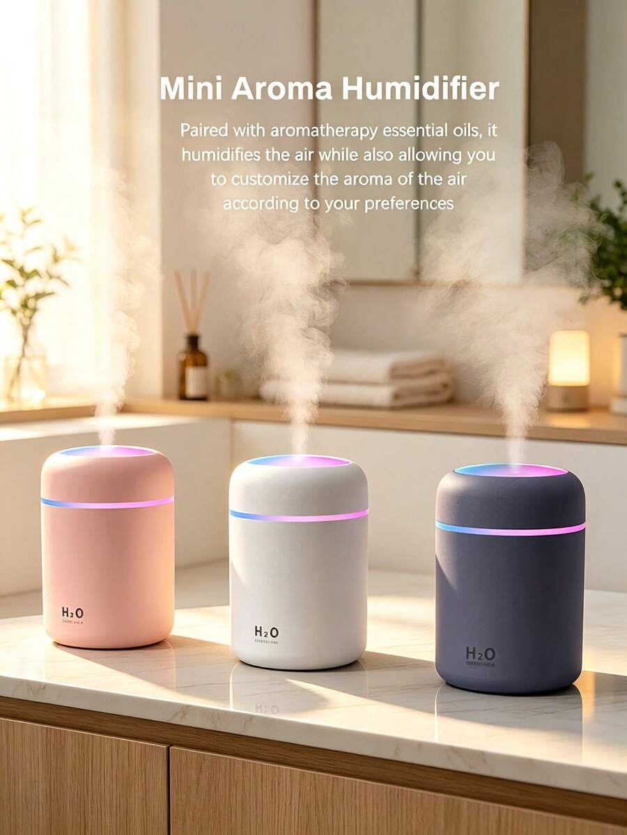 300ml Ultrasonic Aromatherapy Humidifier, 7-Color Ambient Light, USB Desktop Cool Mist Humidifier, 2 Mist Modes, Portable Air Purifier, Auto Shut-Off Function, Suitable For Bedroom, Living Room, Office, Car And Other Relatively Larger Spaces. (Includes 6 Essential Oils) - Mist - View 1