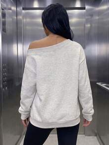 女款休閒抓絨內裡V領寬鬆衛衣，適合秋冬日常穿著、外出，秋冬服飾，灰色 - 淺花灰 - 查看 8