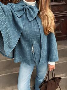 Women's Sleeveless Woven Cape-Style Short Jacket, Regular Length, Decorated With Bows, Perfect Choice For Guest Attire - Blue - View 6