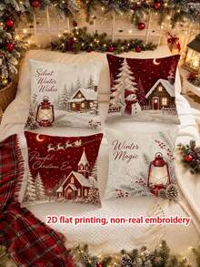 4 Stück, 2D flacher Muster Vintage Weihnachts Kissenbezüge Winter Landhaus Feiertags Dekoration, keine echte Stickerei, Wohnzimmer Raum Dekoration Kissenbezug, Weihnachts- und Neujahrs Heimdekoration, ohne Kissenkern, einseitiger Muster, Geschenke - Rot-Weiß - Übersicht 8