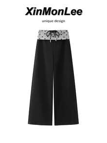 Pantalon décontracté pour femme style coréen à taille élastique et cordon de serrage, pantalon large à pois avec revers, pantalon long doux pour la peau, tenue élégante pour les voyages, les loisirs et les vacances, automne - Noir - Voir 1
