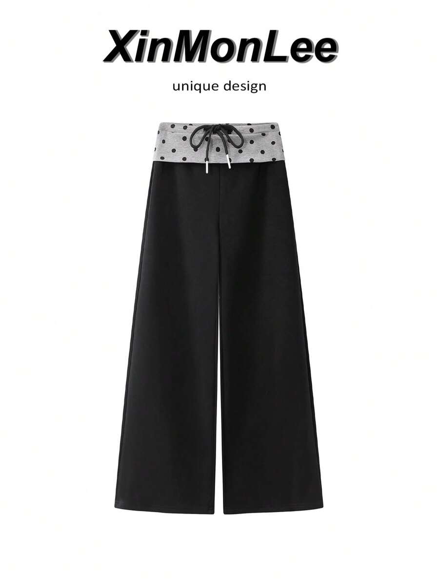 Pantalon décontracté pour femme style coréen à taille élastique et cordon de serrage, pantalon large à pois avec revers, pantalon long doux pour la peau, tenue élégante pour les voyages, les loisirs et les vacances, automne - Noir - Voir 1
