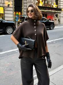 FOR BEAUTY Fall Winter French Chic Brown Turtleneck Button Down Poncho Cape Knit Sweater Tops Outerwear Women Work Streetwear Outfits - Brown - View 5