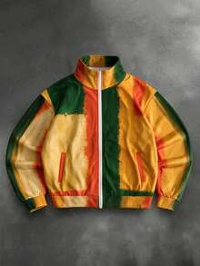 Áo khoác nỉ nam kéo khóa in họa tiết colorblock trừu tượng, phối màu xanh lá và cam, cổ đứng, phong cách streetwear - Nhiều màu - Xem 4
