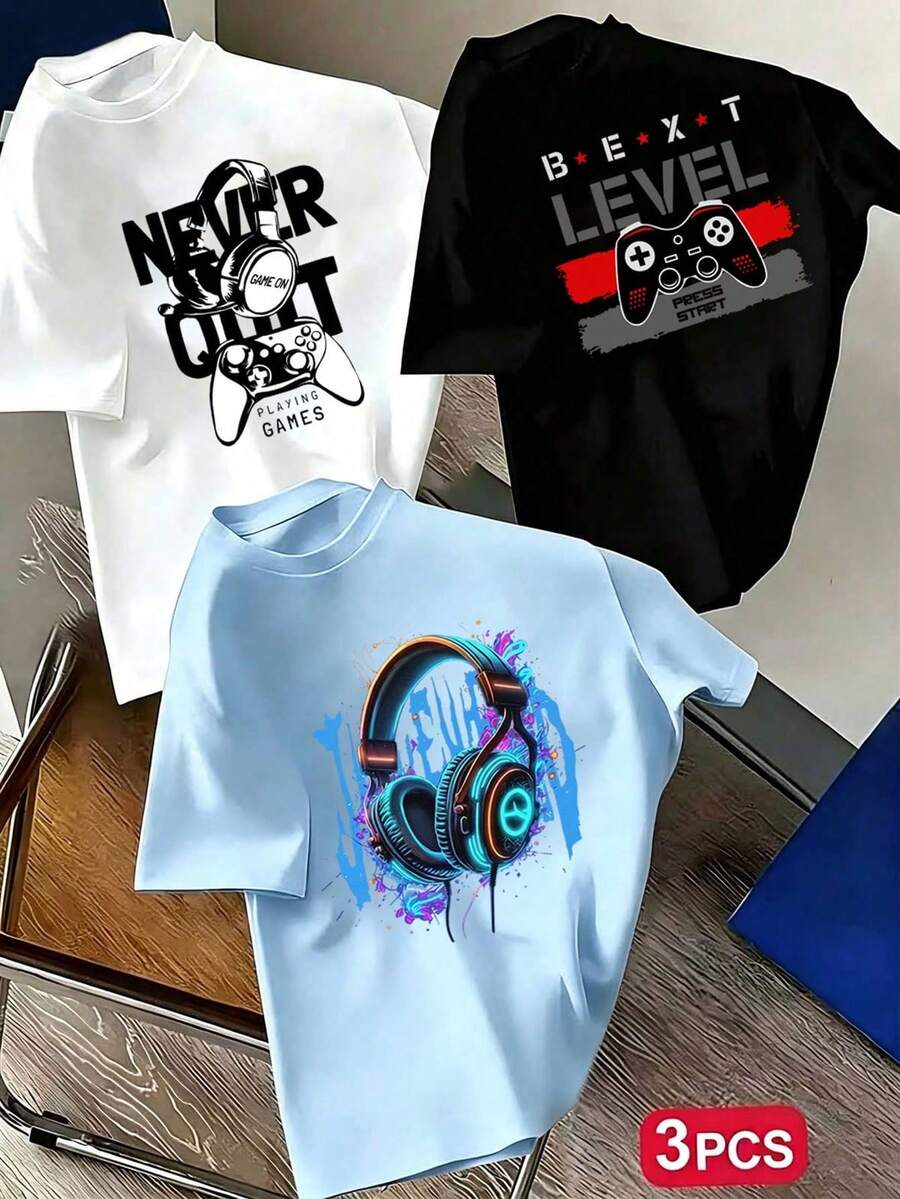 3pcs Tween Boy Popular Graphic Print Crew Neck Short Sleeve T-Shirt, Suitable For Daily Wear, Campus, Streetwear, Fashion Summer Top - Black - View 1
