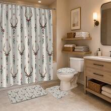 1pc/4pcs Deer Horn & Red Berry Hanging Branch Pattern Multi-Functional Bathroom Decor Shower Curtain Set, Free 12 Hooks, Premium Holiday Atmosphere, Bathroom Mat, U-Shaped Bath Mat And Round Toilet Lid Cover, Suitable For All Scenes Decoration, Bathroom Set - Antler Red Fruit Dangle Branch - View 4