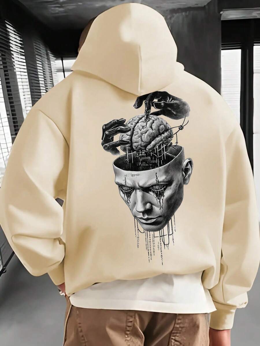 Men's Casual Fashionable Versatile Limitless Slogan Print Kangaroo Pocket Drawstring Hoodie, Autumn/Winter - Apricot - View 1