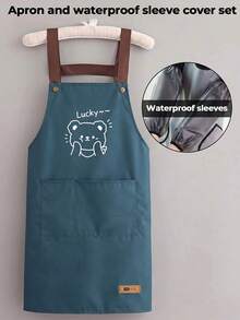 1pc Solid Color Lucky Bear Pattern Double-Sided Waterproof Barista Apron, Suitable For Home, Outdoor Kitchen And Catering Industry Floral Workwear - Multicolor - View 15