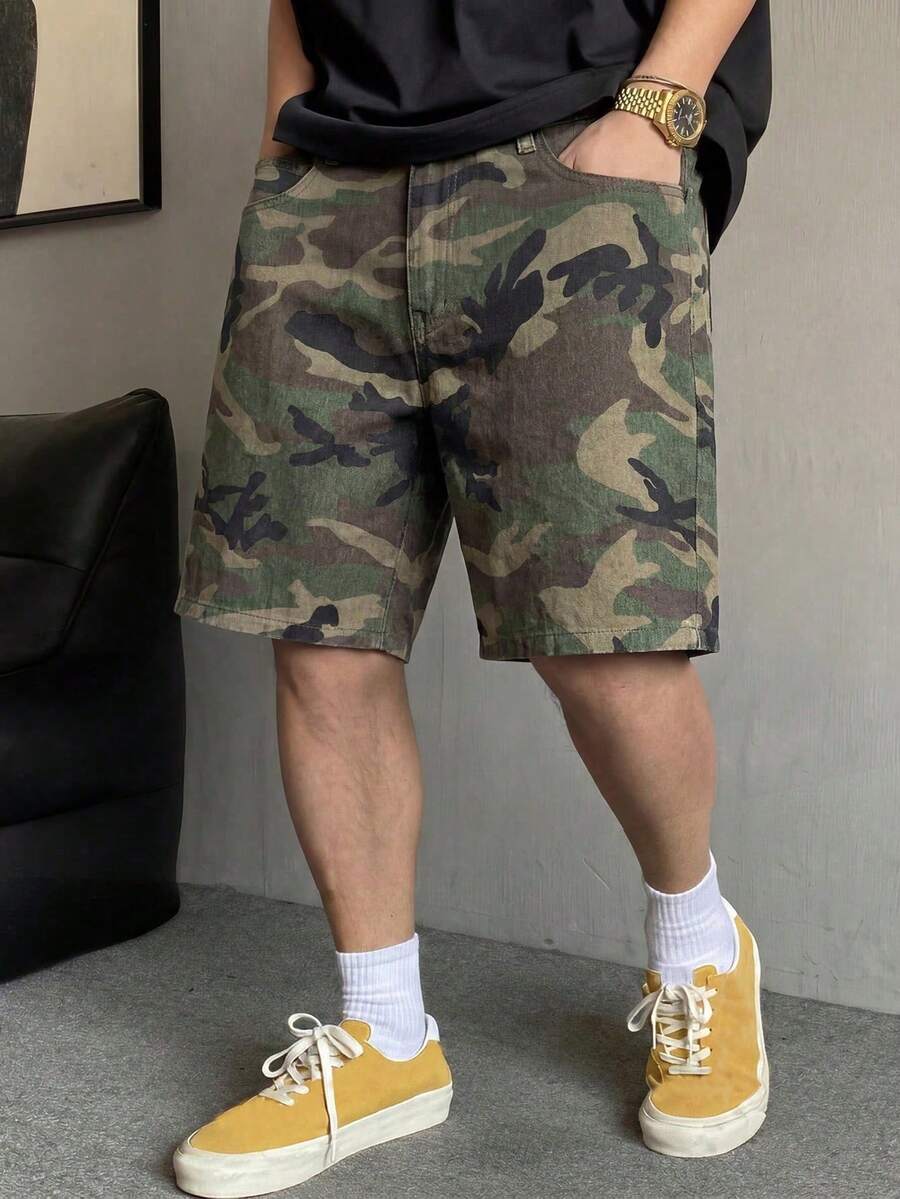 男士夏季迷彩圖案口袋寬鬆休閒無彈力純棉牛仔短褲 - 軍綠色 - 查看 1