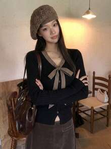Women's Lazy Plaid Tie V-Neck Cable Knit Sweater, Faux Buttons, Autumn/Winter Knit Base Layer Top - Black - View 8