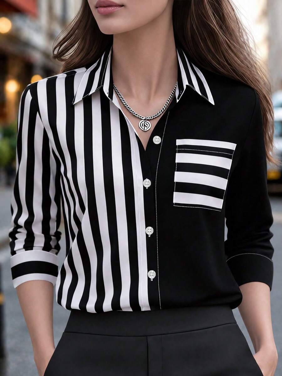 New Arrival Fashion Women's Printed Patchwork Colorblock Pocket Button Shirt Black - Black - View 1