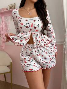 Noctvar OBM Sleepwear X Hello Kitty طقم بيجامة نسائي من قطعتين بأكمام طويلة وشورت، مزين بطبعة "هيلو كيتي" بالكامل؛ يتميز بتفاصيل مكشكشة مع حواف من الدانتيل؛ ناعم ومريح. - أبيض - مشاهدة 1