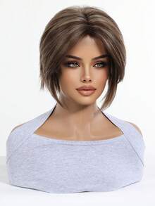 Brown Blonde Highlight Short Layered Pixie Wig For Women, 8 Inch Natural Looking Bob Wig With Side Bangs, Synthetic Heat Resistant Wig For Daily Wear Office Dating, Elegant And Tasteful - Brown - View 4