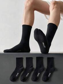 4pairs Black Athletic Knee High Socks With Massage Cushion Sports, For Gym - Black - View 1