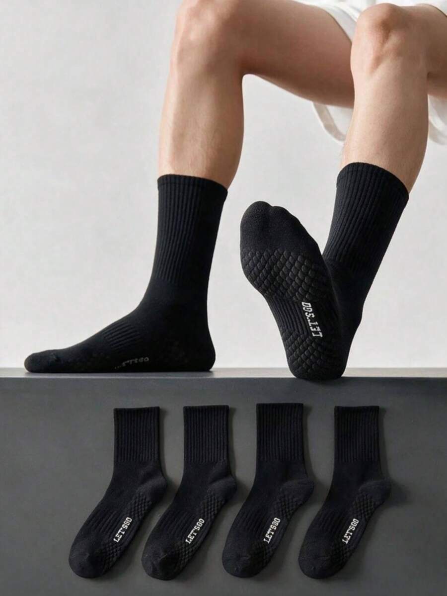 4pairs Black Athletic Knee High Socks With Massage Cushion Sports, For Gym - Black - View 1