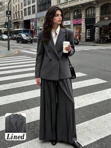 Women's Autumn/Winter Fashion Commute Lined Double-Breasted Padded Shoulder Loose Long Sleeve Blazer & Pleated Wide Leg Pants Set - Dark Grey - View 1