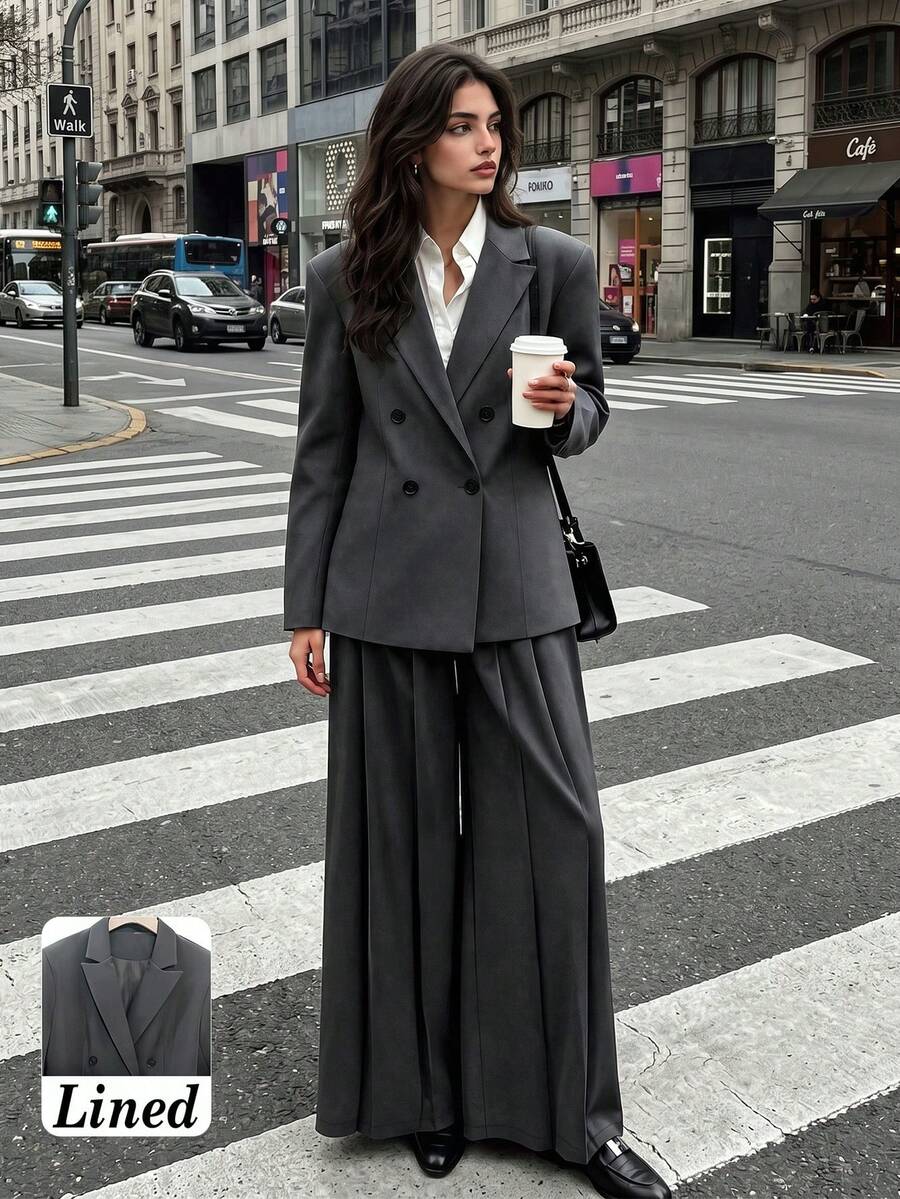 Women's Autumn/Winter Fashion Commute Lined Double-Breasted Padded Shoulder Loose Long Sleeve Blazer & Pleated Wide Leg Pants Set - Dark Grey - View 1