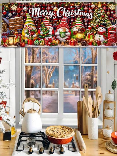 1pc Christmas Theme Window Curtain, 45x140cm, Christmas Gnome & Snowman With Black & Red Plaid Theme, Merry Christmas, Christmas Window Decoration, Home Decor, Christmas Party Home Decoration, Atmosphere Decoration