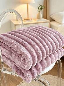 1pc Luxury Double-Sided Faux Rabbit Fur Blanket - Comfortable Striped Flannel, Medium Thickness, All-Season Use, Soft And Warm, Suitable For Napping, Office, Camping, Sofa - Multi-Functional Polyester Bed Cover, Christmas Gift - Purple - View 8