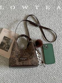 low tea 1pc Minimalist Small Bucket PU Fabric Handbag, Suitable For Commuting, Shopping, Etc. (With Pendant) - Coffee - View 4