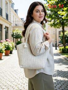 Summer Beach Vacation Straw Tote Bag, Large Capacity, Fashionable, Versatile, Casual Shoulder Bag ,Beach Bag - Beige - View 5