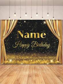Customizable Name Black & Gold Glowing Background Happy Birthday Banner, Gold Glitter Curtain Design, Suitable For Birthday Party Cake Table Backdrop Decor, Photography Backdrop, Vinyl Material - Gold - View 3