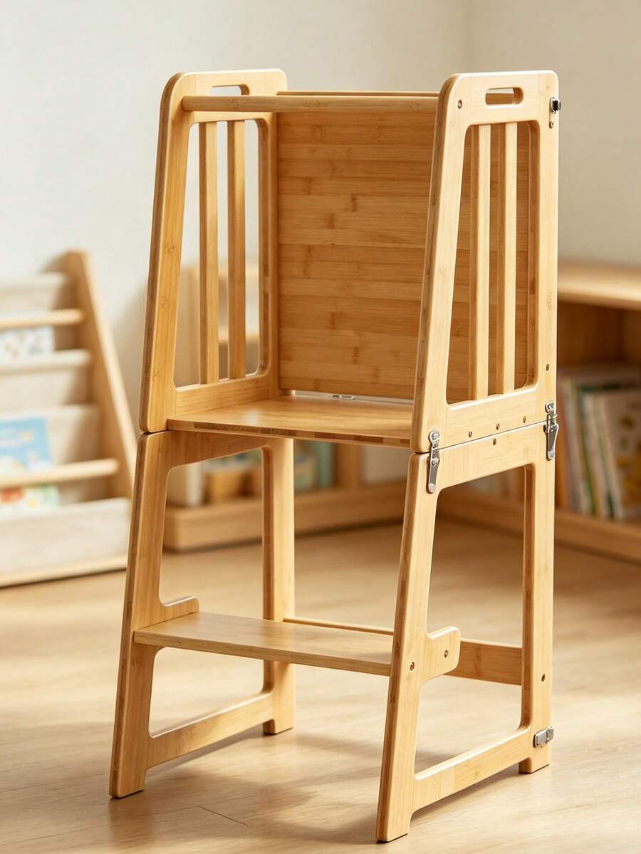 Torre de Pie 4 en 1 de Bambú para Niños Pequeños, Torre de Aprendizaje Multifuncional con Pizarrón, Transformable en Mesa y Silla, Ideal para Cocina, 1-6 Años - Caqui - Ver 1