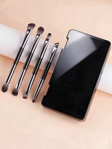 1 Set Makeup Brush Set With Storage Box, Dual-Ended Face And Eye Brushes, Soft Bristles, Black Handle With Gold Details, Portable Makeup Brushes, Suitable For Foundation, Loose Powder, Blush, Eyeshadow, Contour, Ideal For Travel And Daily Makeup - Multicolor - View 2