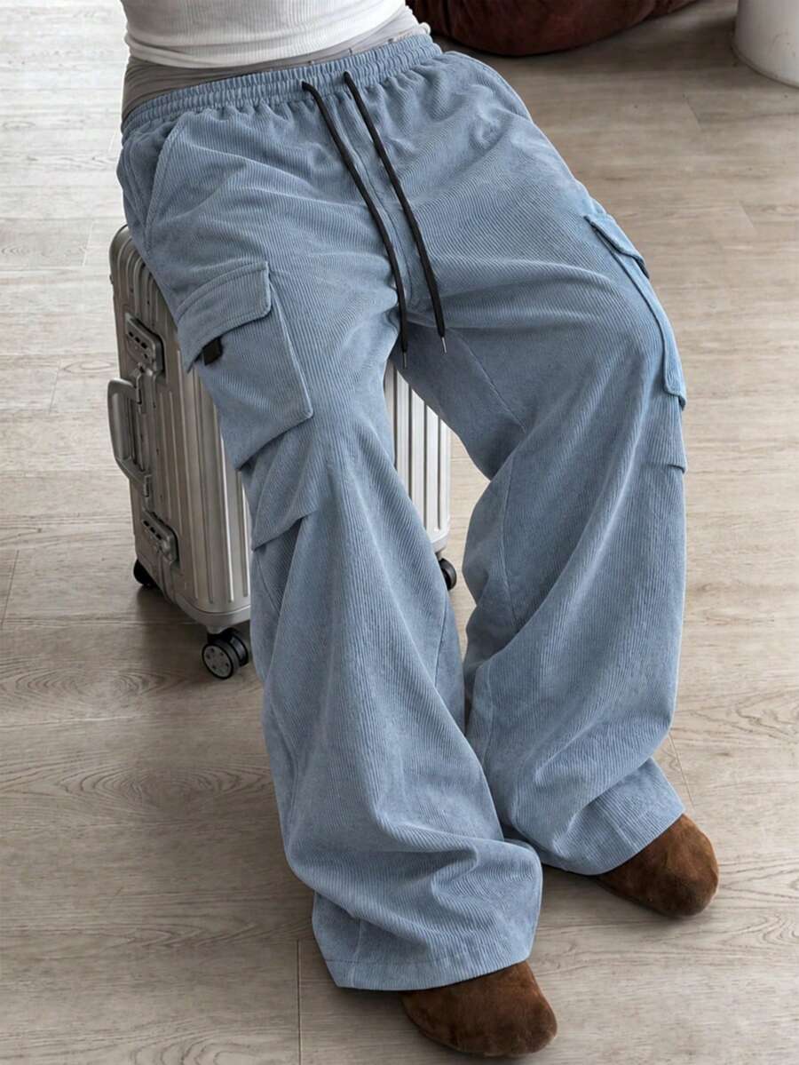 Men's Corduroy Cargo Pants With Elastic Drawstring Waist, Multiple Pockets, Wide Leg Casual Long Pants, Autumn/Winter - Dusty Blue - View 1