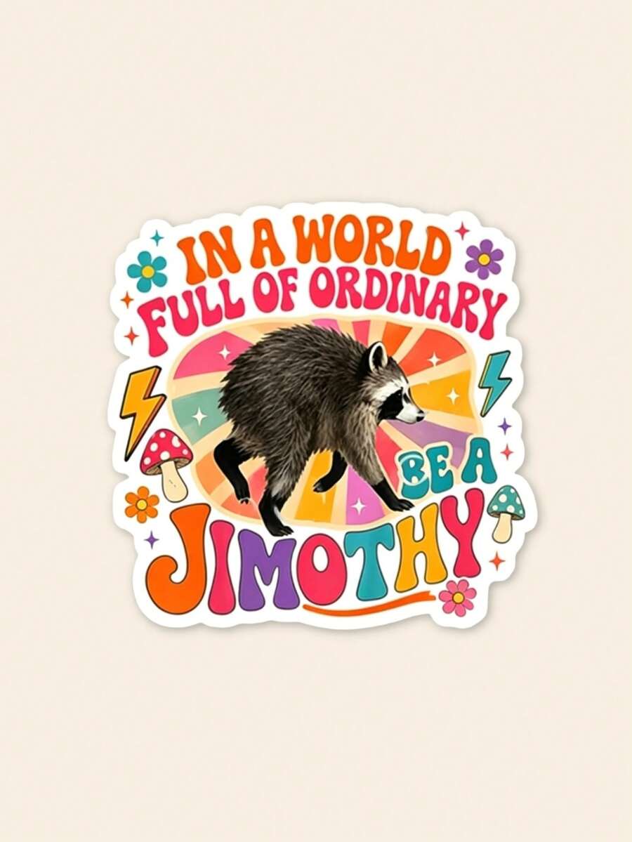 1Pc "In A World Full Of Ordinary Be A Jimothy" Raccoon Quote Sticker, Retro Groovy Hippie Mushroom Floral Waterproof PVC Vinyl Decal, Aesthetic Meme Sticker For Laptop Water Bottle Car DIY Decor - Multicolor - View 1