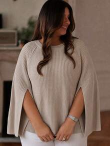 Plus Size Women's Fashion Vacation Knit Top With Slit Cuffs And Round Neck, Versatile - Beige - View 1