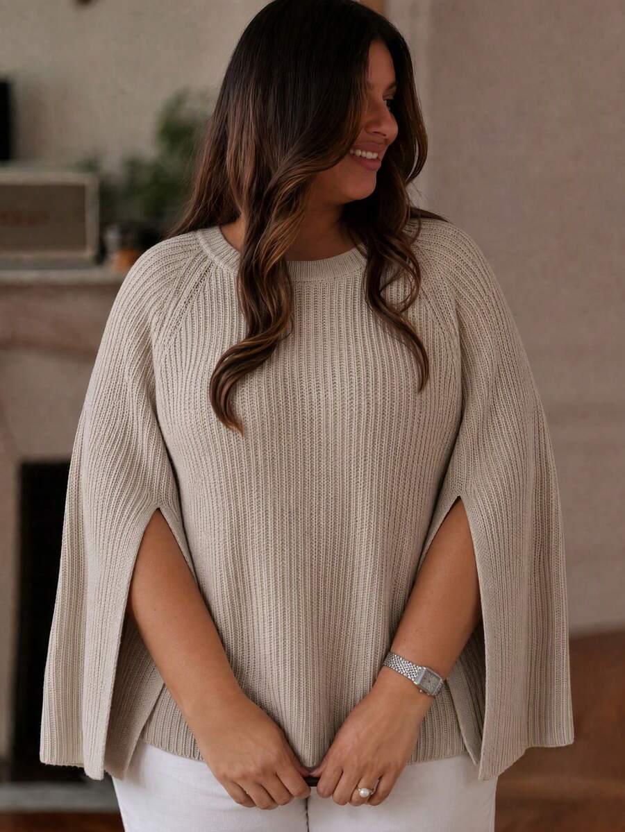 Plus Size Women's Fashion Vacation Knit Top With Slit Cuffs And Round Neck, Versatile - Beige - View 1