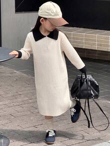 Girls' Colorblock Polo Collar Ribbed Knit Sweater Dress, Long Sleeve, Spring/Autumn New Style - Apricot - View 1
