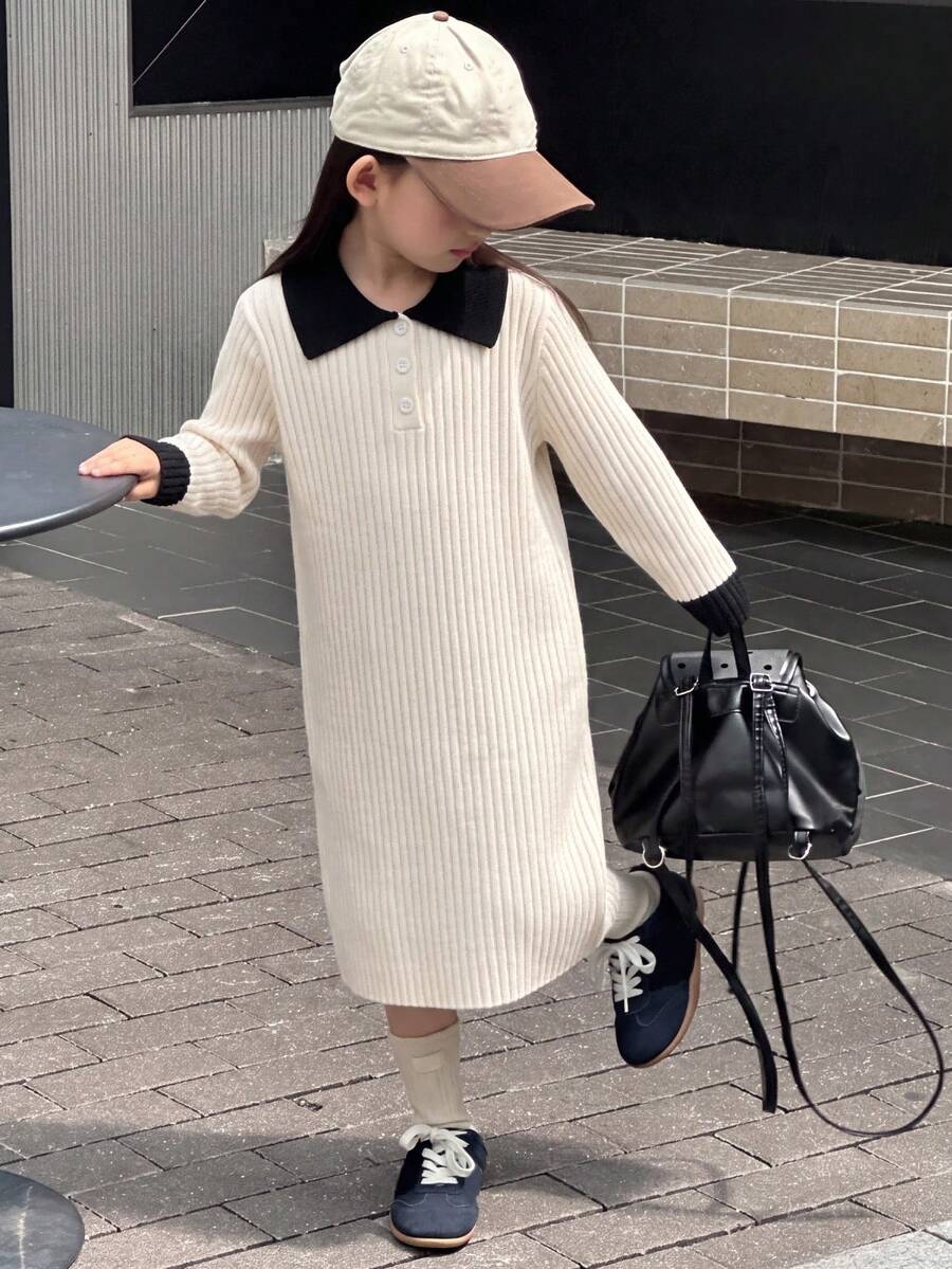 Girls' Colorblock Polo Collar Ribbed Knit Sweater Dress, Long Sleeve, Spring/Autumn New Style - Apricot - View 1