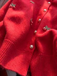 女款甜美刺繡櫻桃珍珠針織開襟毛衣外套，秋冬設計百搭針織衫 - 紅色 - 查看 5