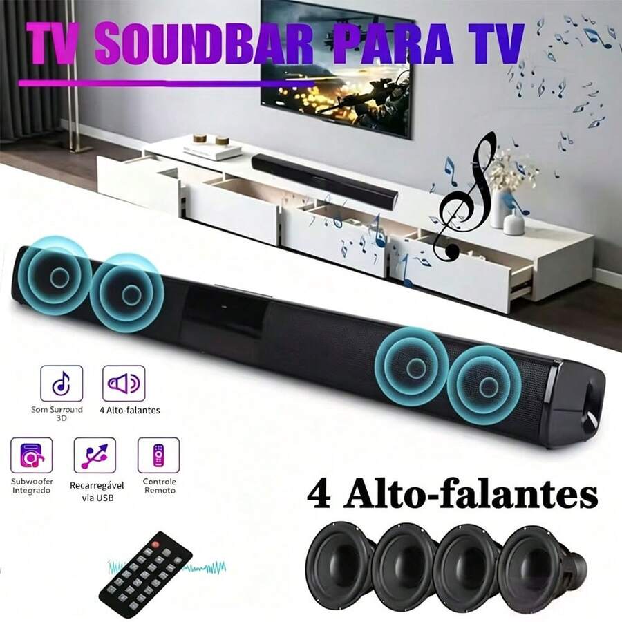 Caixa de Som Barra Soundbar 20W, Alto-falante Compacto com Som Potente para TV, Notebook e Uso Doméstico - Preto - Visão 1