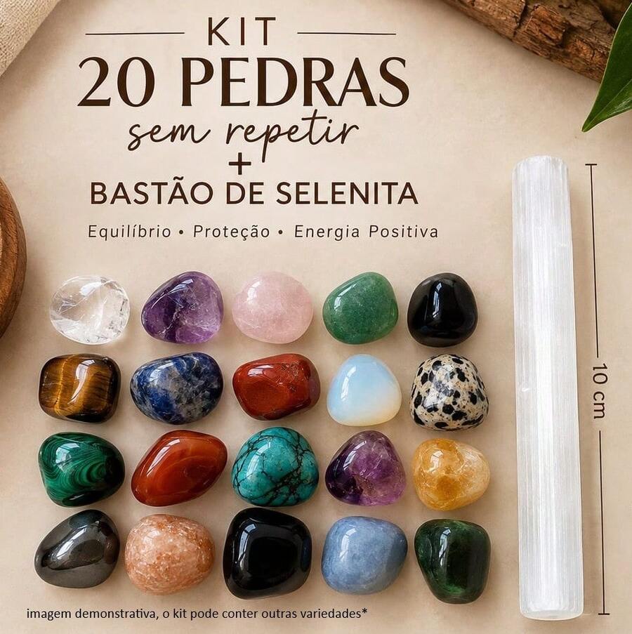 Kit 20 Pedras + Selenita - Cristais Naturais, Ametista, Turmalina,Quartzo Rosa, Agata,Pirita