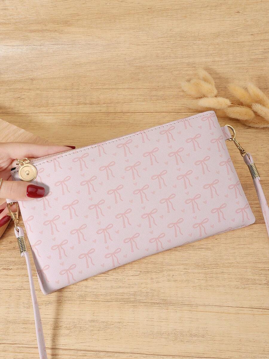 Fashionable Women's Bow Printed Crossbody Bag With Detachable Wristband For Storing Mobile Phones And Zipper Closure, Suitable For Commuting Travel - Pink - View 1