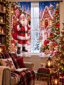 2pcs Christmas Printed Curtains, Festive Spandex Window Panels With Red Bow, Pine Garland, Ornament, Star And Snowflake Pattern, Light Filtering Rod Pocket Drapes For Living Room, Study, New Year Winter Decor - A - View 6