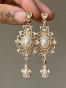 2pcs Bohemian Vintage Palace Baroque Pearl Earrings For Women, Suitable For Party And Everyday Wear - Gold - View 2