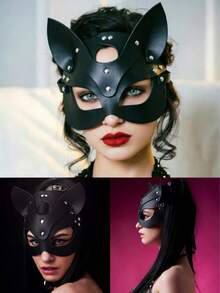 1 buah Topeng Kucing Kulit PU Lembut 3D untuk Pesta Karnaval Wanita, Kostum Cosplay Halloween - Hitam - View 1