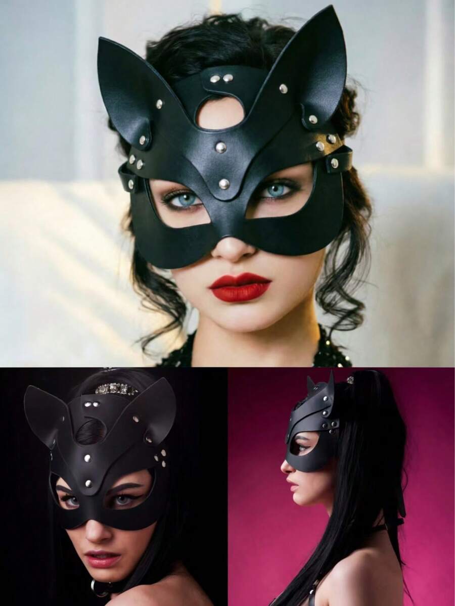 1 buah Topeng Kucing Kulit PU Lembut 3D untuk Pesta Karnaval Wanita, Kostum Cosplay Halloween - Hitam - View 1