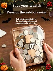 English Letter Solid Wood Coin Bank, Transparent Visible Desktop, Vintage Storage Decorative Ornament, Detachable Acrylic, Home Decor Collection Prop, Natural Wood Style Letter Coin Storage Box, Niche Creative Holiday Commemorative Gift Desktop Ornament - Multicolor - View 3