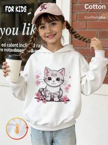 Autumn Winter Girls Fleece Hoodie With Cat And Pink Flower Print Y2K - White - View 2